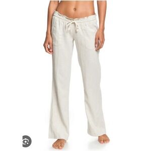 Roxy White Linen Beachy Elastic Waist Oceanside Pants Sz M Medium Drawstring